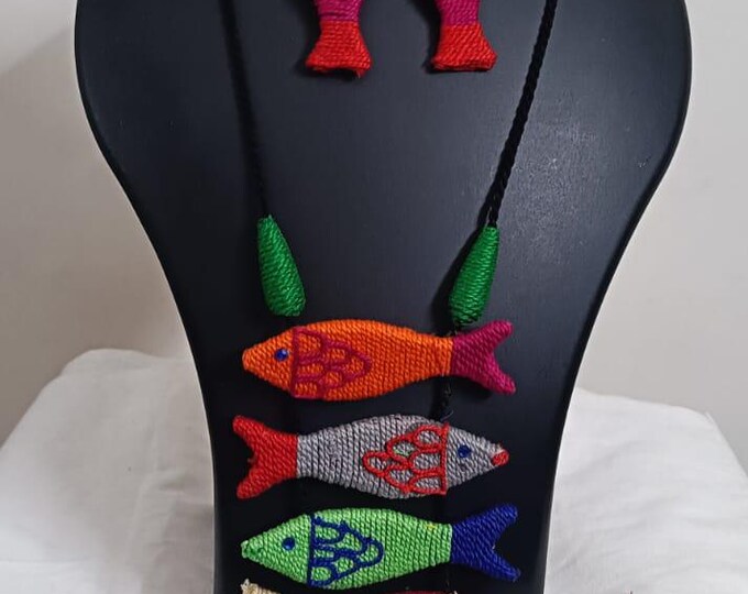 Multi colour crochet thread necklace with fish pendant and matching thread earrings