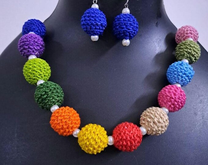 Crochet thread beads necklace set with matching earrings