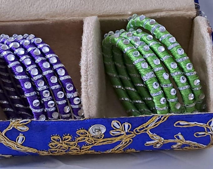 Purple and Green colour traditional kundan n gotta patti bangles with zari box  (set of 8 bangles)