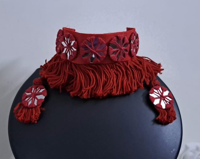 Red thread n Glass work handmade choker necklace with glass work earrings