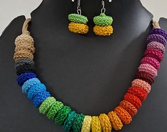 Exclusive multi coloured crochet necklace with colouful matching earrings.