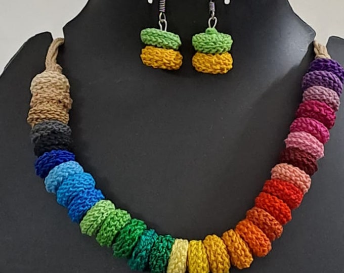 Exclusive multi coloured crochet necklace with colouful matching earrings.
