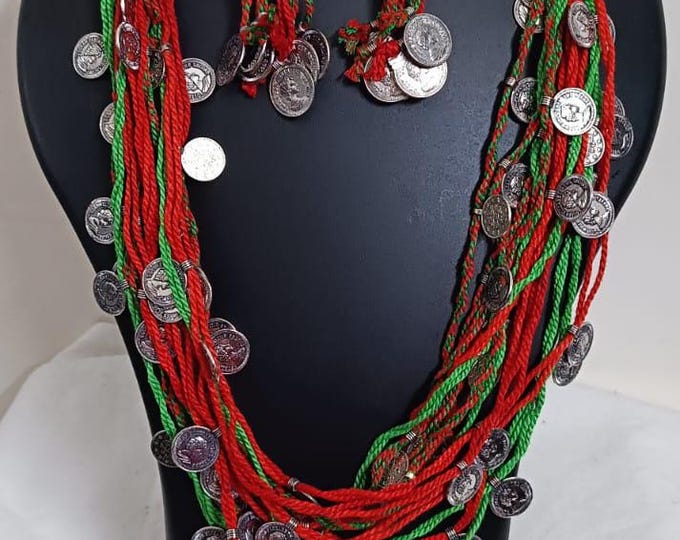Exclusive multi-coloured and multi-layered thread necklace with silver oxidised charms