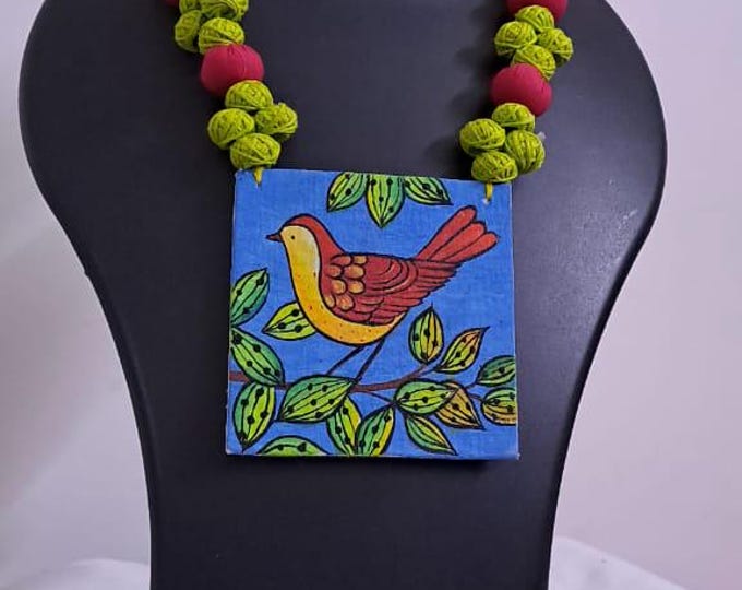 Handpainted fabric jewellery set with matching earrings