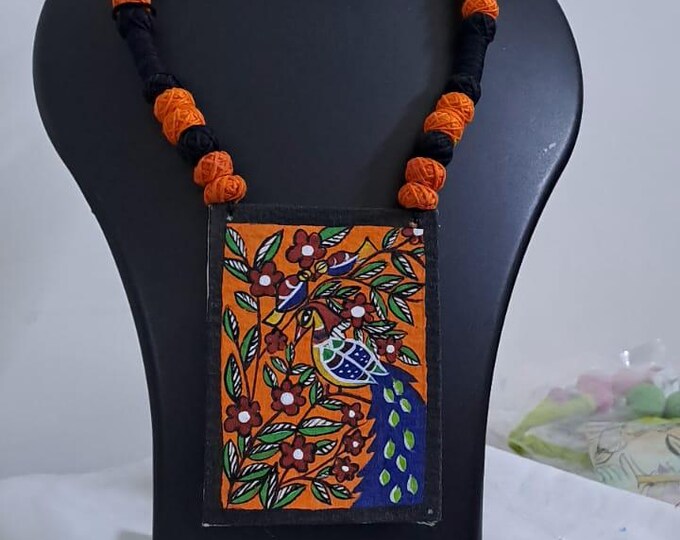 Handpainted fabric jewellery set with matching earrings