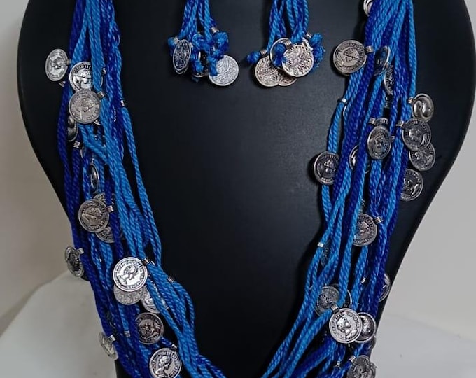 Exclusive multi-coloured and multi-layered thread necklace with silver oxidised charms