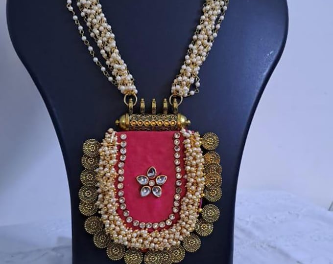 Exclusive Indian traditional pink fabric necklace with laural beads and kundan n matching earrings