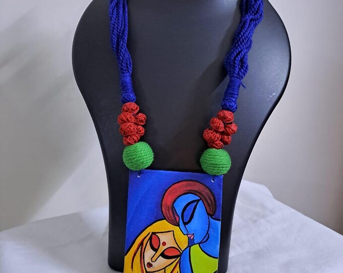 Handpainted fabric jewellery set with matching earrings