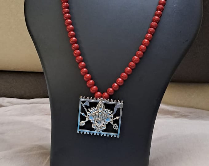 Red glass beads necklace with oxidised silver durga pendant