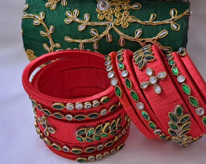 Red colour traditional thread kundan bangles with zari bangle box