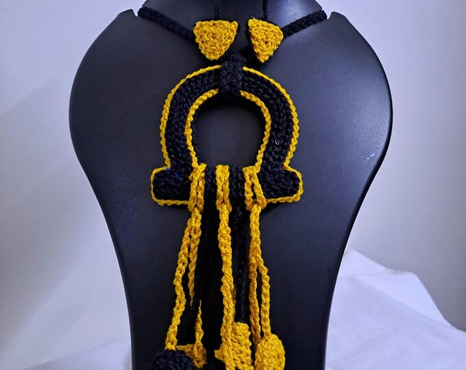 Crochet thread necklace set with fringes and matching earrings