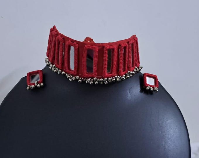 Kutchwork glasswork necklace set with matching earrings