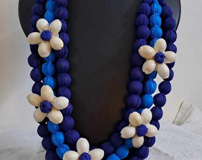 Exclusive multi-layered blue fabric necklace with shells n matching earrings