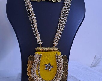 Exclusive Indian traditional yellow fabric necklace with laural beads and kundan n matching earrings