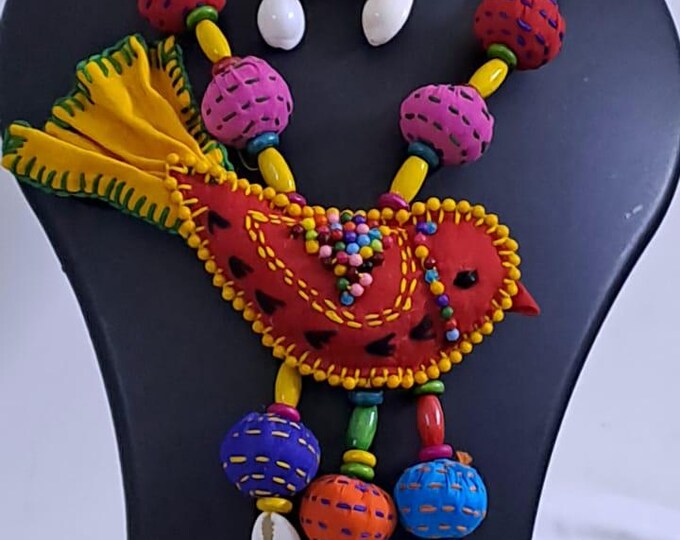 Exclusive fabric necklace with embroidered red fabric bird pendant and fabric beads n matching beads