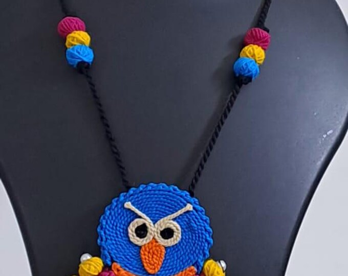 Handmade thread jewellery necklace set with owl pendant and matching earrings