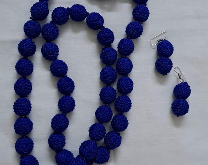 Exclusive blue thread beads long necklace set with matching earrings