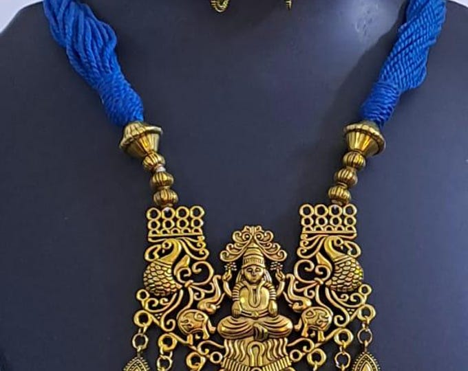 Royal blue thread necklace with Golden oxidised traditional pendant