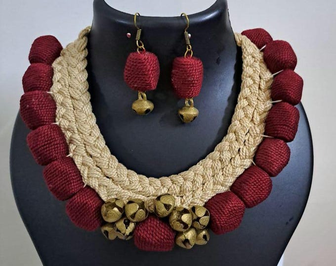 Handmade braided thread necklace set with trinkets and  matching earrings