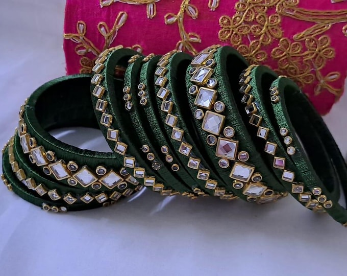 Green colour traditional thread kundan bangles with zari bangle box