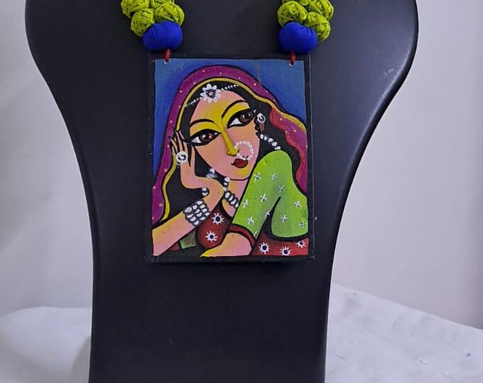 Handpainted fabric necklace set with earrings