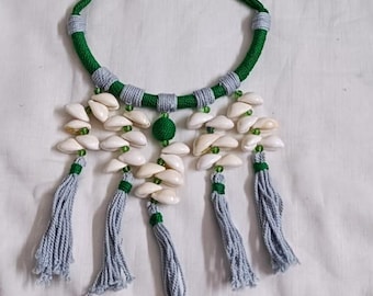 Exclusive green n grey hasuli thread necklace set with shell fringes n matching earrings