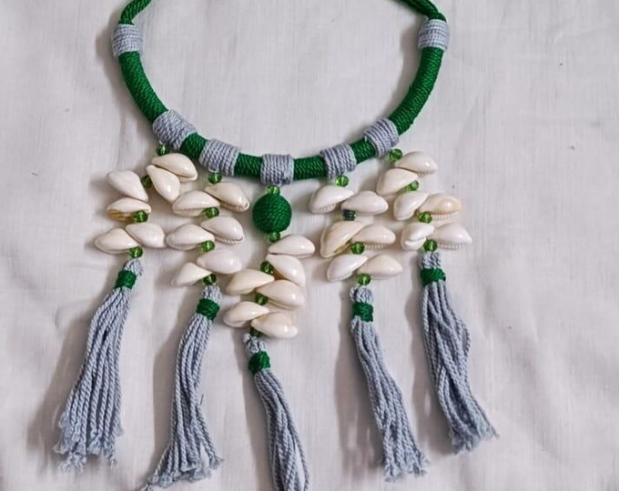 Exclusive green n grey hasuli thread necklace set with shell fringes n matching earrings