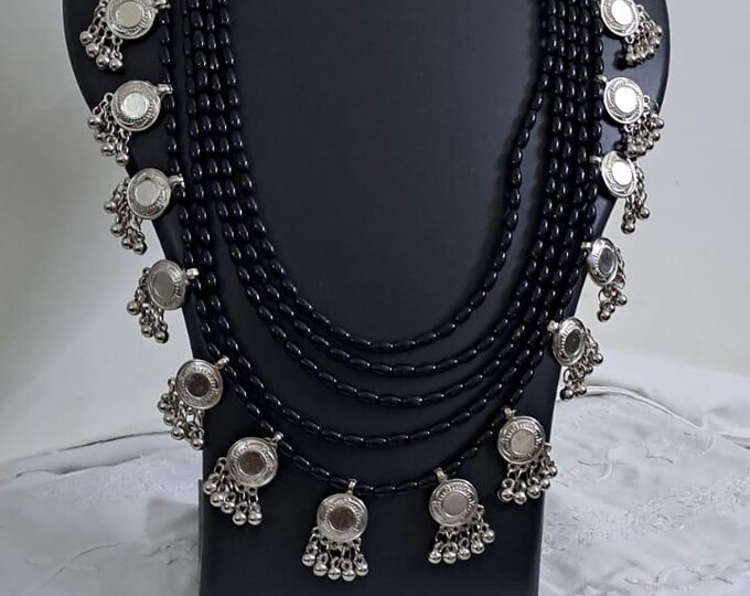 Exclusive multi layered  black glass beads necklace set with silver oxidised charms n matching earrings