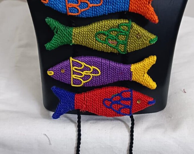 Multi colour crochet thread necklace with fish pendant and matching thread earrings