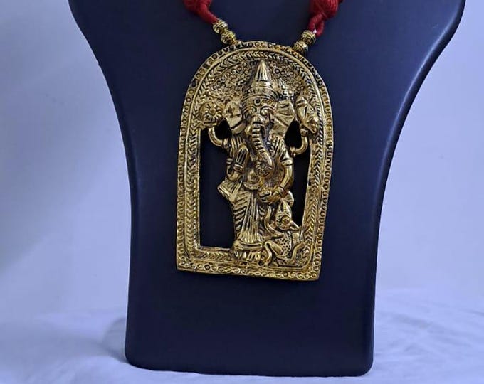 Maroon thread necklace with golden oxidised ganesha pendant