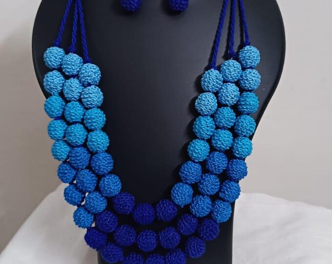 Exclusive 3 layered blue thread beads necklace set with matching earrings