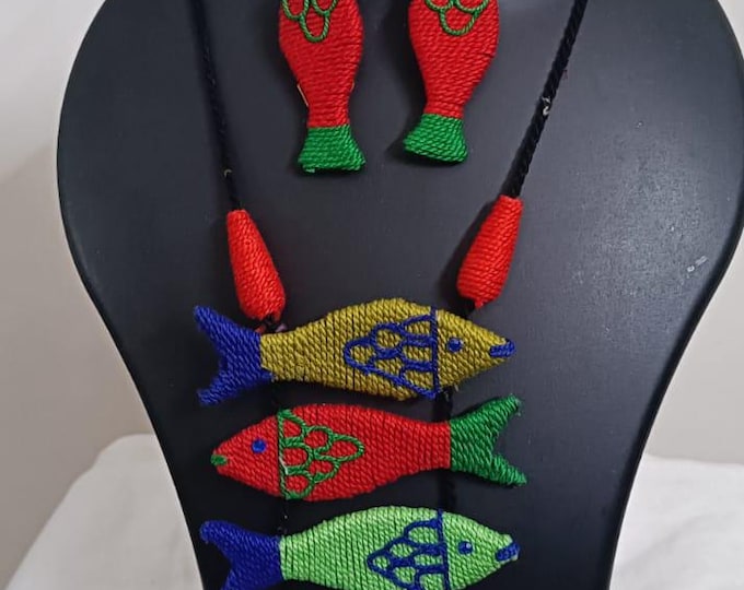 Multi colour crochet thread necklace with fish pendant and matching thread earrings
