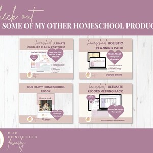 May include: A promotional graphic featuring four homeschool digital products: the Ultimate Child-Led Plan & Portfolio, Holistic Planning Pack, Our Happy Homeschool Ebook, and Ultimate Record Keeping Pack. The text reads: check out SOME OF MY OTHER HOMESCHOOL PRODUCTS.