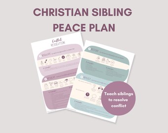Op de afbeelding: Twee geprinte vellen met de titel Christian Sibling Peace Plan met stappen voor conflictresolutie. De documenten gebruiken paarse en blauwgroene kleurblokken met iconen en tekst om broers en zussen te begeleiden bij regulatie, resolutie en reflectie.
