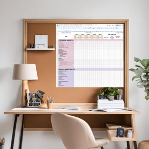 May include: A digital spreadsheet template titled Holistic Homeschool Plan Progress Document displayed on a wall-mounted cork board above a wooden desk. The grid features sections for Physical Health and Faith and Spirituality with columns for weekly tracking.