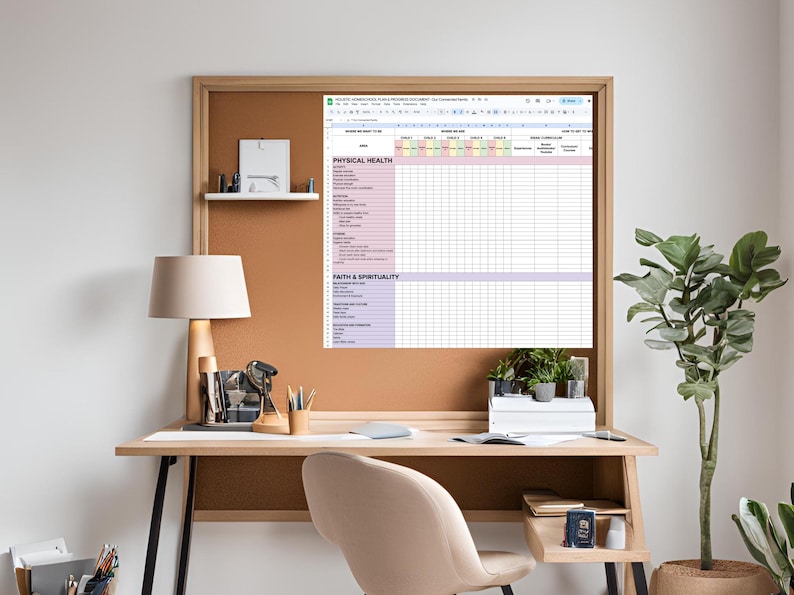 May include: A digital spreadsheet template titled Holistic Homeschool Plan Progress Document displayed on a wall-mounted cork board above a wooden desk. The grid features sections for Physical Health and Faith and Spirituality with columns for weekly tracking.