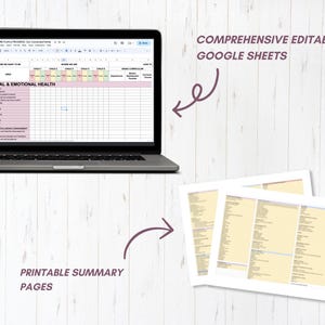 May include: A laptop displaying a Google Sheets document titled BIG PICTURE PLAN & PROGRESS: Our Connected Family with a section for MENTAL & EMOTIONAL HEALTH, alongside two printed summary pages with text labeled COMPREHENSIVE EDITABLE GOOGLE SHEETS.