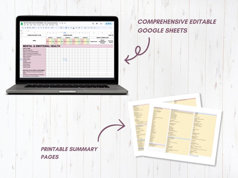 May include: A laptop displaying a Google Sheets document titled BIG PICTURE PLAN & PROGRESS: Our Connected Family with a section for MENTAL & EMOTIONAL HEALTH, alongside two printed summary pages with text labeled COMPREHENSIVE EDITABLE GOOGLE SHEETS.