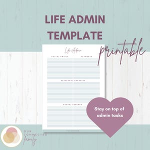 Könnte beinhalten: Druckbare Lebensverwaltungsvorlage mit hellblauem Hintergrund und einem rosa Herz, auf dem "Bleiben Sie auf dem Laufenden mit administrativen Aufgaben" steht. Die Vorlage ist in drei Abschnitte unterteilt: "Anrufe/E-Mails", "Zahlungen" und "Gruppen/Besorgungen".