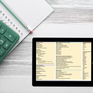 May include: A dark green calculator with white buttons, a spiral-bound notebook with a pencil, and a black tablet displaying a chart titled Physical Health, Mental & Emotional Health & Skills, and Virtues Character Traits.