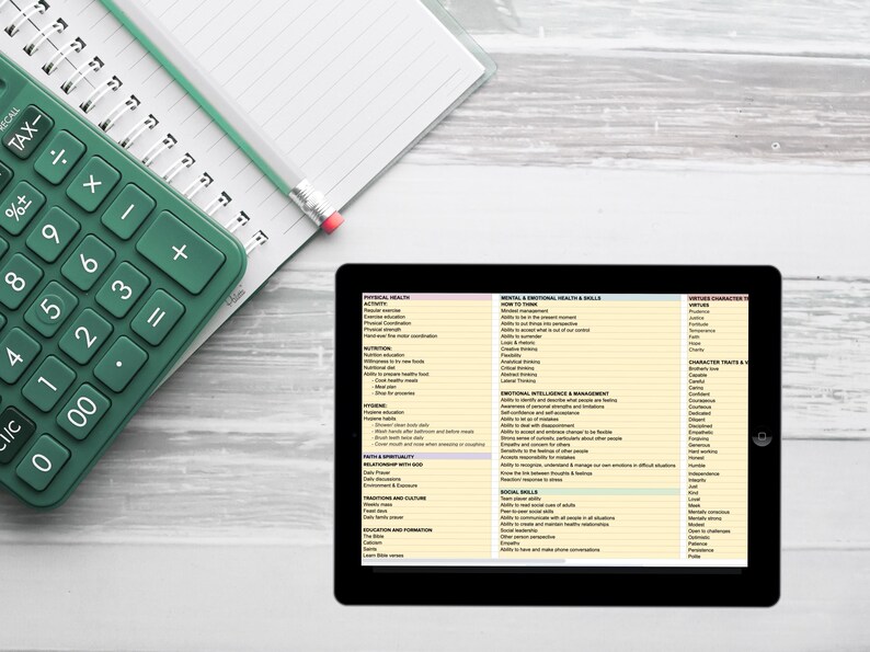 May include: A dark green calculator with white buttons, a spiral-bound notebook with a pencil, and a black tablet displaying a chart titled Physical Health, Mental & Emotional Health & Skills, and Virtues Character Traits.