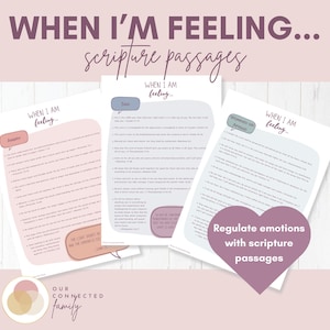 Könnte beinhalten: Drei druckbare Arbeitsblätter mit dem Titel "Wenn ich mich fühle... Bibelstellen". Jedes Arbeitsblatt hat einen anderen Hintergrund und listet verschiedene Emotionen mit entsprechenden Bibelstellen auf, um Emotionen zu regulieren.