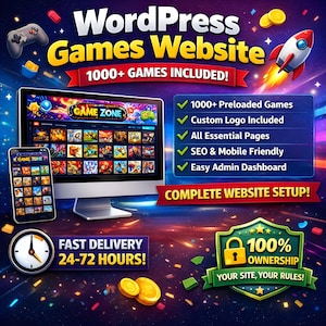 May include: A promotional image for a WordPress games website, featuring a computer monitor and smartphone displaying game interfaces. Text includes "1000+ GAMES INCLUDED!" and "COMPLETE WEBSITE SETUP!" Additional text highlights features like SEO and mobile-friendliness.