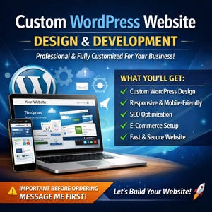 May include: A digital advertisement for custom WordPress website design and development. The image features a laptop and smartphone displaying website interfaces, with text highlighting services like SEO optimization and e-commerce setup. The text reads "Let's Build Your Website!"
