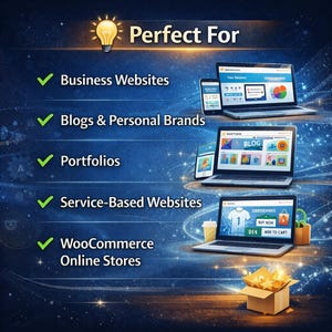 May include: A digital graphic with the text "Perfect For" and a lightbulb icon. The image lists "Business Websites", "Blogs & Personal Brands", "Portfolios", "Service-Based Websites", and "WooCommerce Online Stores" with corresponding laptop and phone graphics.