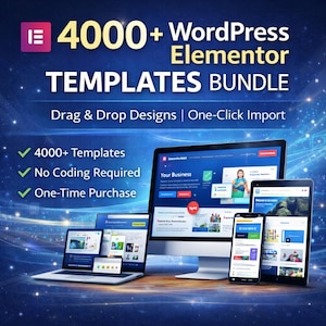 Puede incluir: Imagen promocional que muestra un paquete de plantillas de WordPress Elementor. La imagen presenta una computadora de escritorio, una computadora portátil, una tableta y un teléfono inteligente que muestran diseños de sitios web. El texto destaca más de 4000 plantillas, diseños de arrastrar y soltar y una compra única.