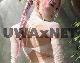 AI Art Print – Japanese Woman, Pink Hair, Sheer Outfit (Digital Download)