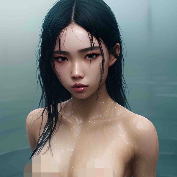 Digital Art by AI - Asian Female Misty Lake Dipping . Full Body. Art by: Cosmic