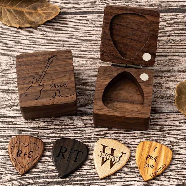 Boîte personnalisée de médiators en bois, organisateur de médiator en bois personnalisé, cadeau musique pour guitariste, cadeau de Noël