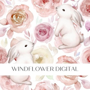 Blumen Häschen Muster | Aquarell rosa Rosen wiederholendes Muster | Stoff, Papier, Design, Basteln | Niedliches Kaninchen-Muster